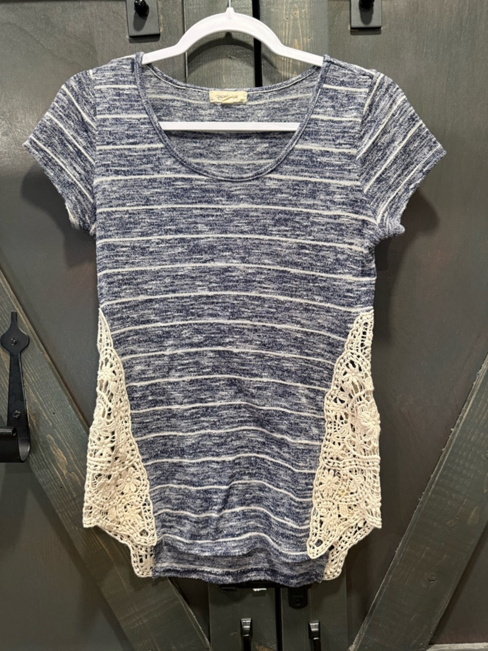 paper tee Navy Striped Tee with Cream Crochet Panels